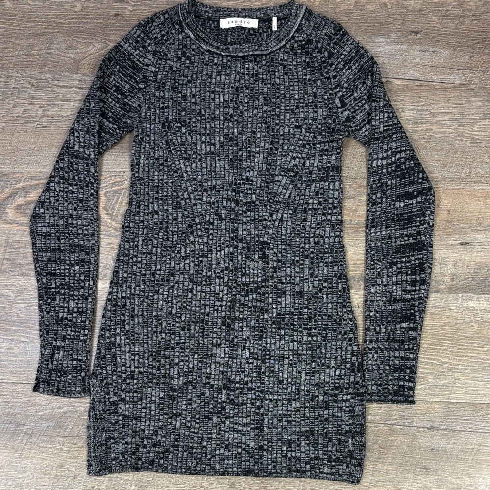 Sandro Paris Black & Gray Textured Knit Sweater Jumper Dress